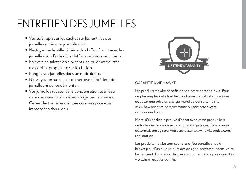 Entretien des jumelles | Hawke Optics 8x32 Frontier HD X Binoculars (Gray) User Manual | Page 27 / 44