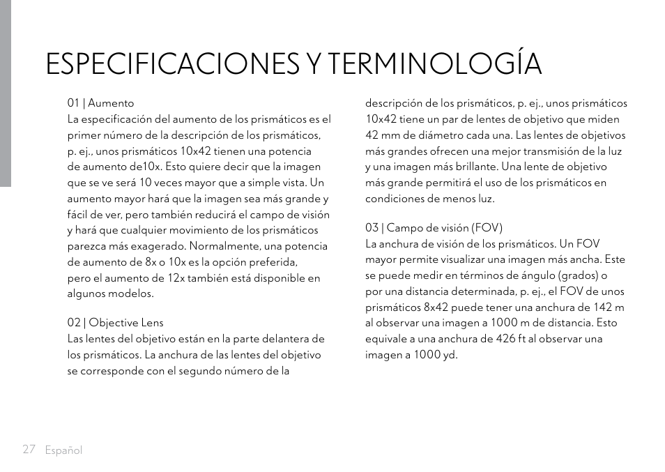 Especificaciones y terminología | Hawke Optics 8x32 Frontier HD X Binoculars (Gray) User Manual | Page 28 / 44