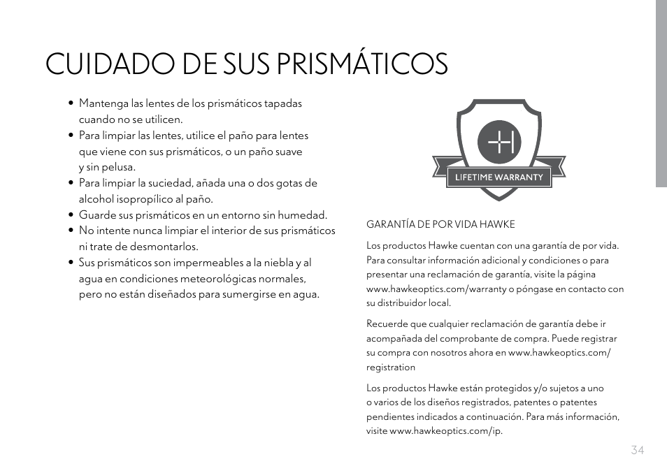 Cuidado de sus prismáticos | Hawke Optics 8x32 Frontier HD X Binoculars (Gray) User Manual | Page 35 / 44