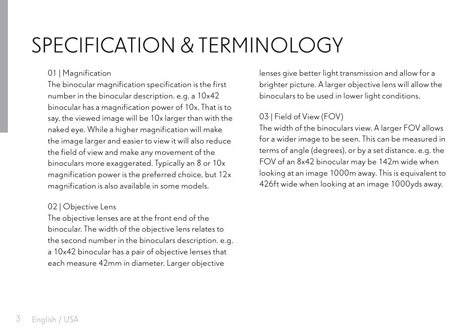 Specification & terminology | Hawke Optics 8x32 Frontier HD X Binoculars (Gray) User Manual | Page 4 / 44