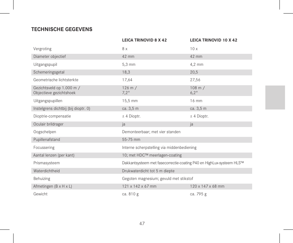 Technische gegevens | LEICA 10x42 Trinovid HD Binoculars User Manual | Page 49 / 114