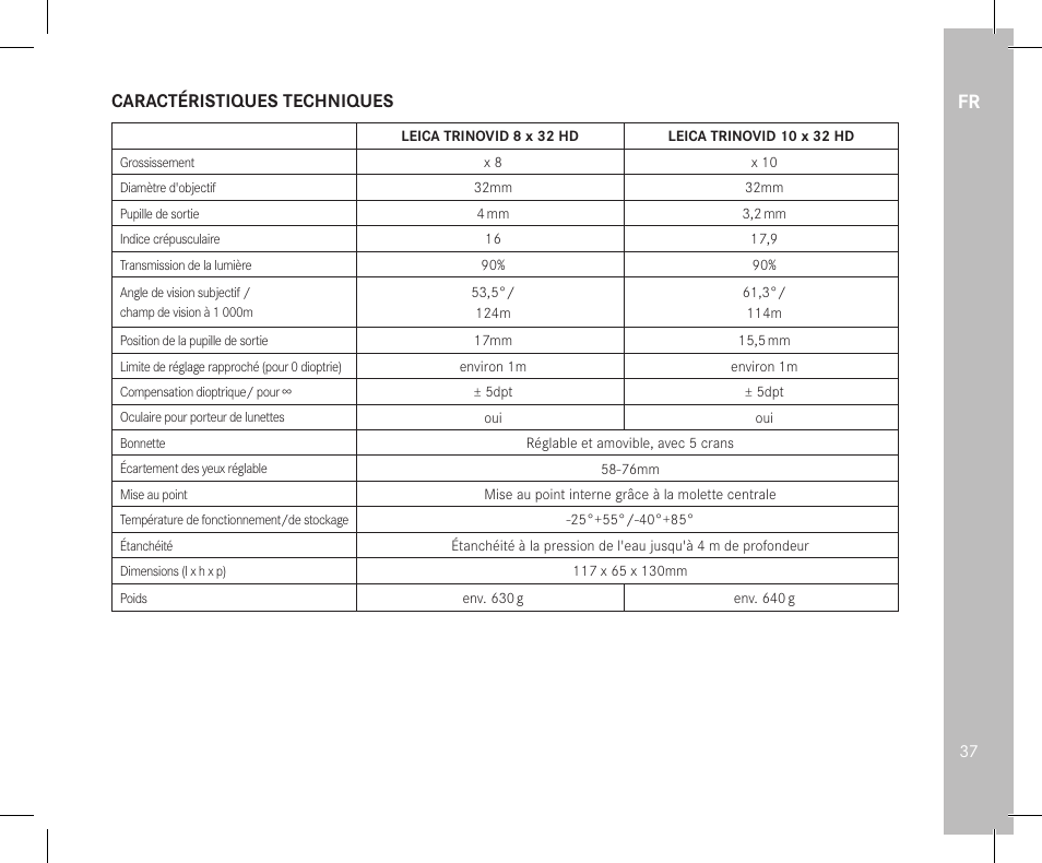 Caractéristiques techniques | LEICA 10x32 Trinovid HD Binoculars User Manual | Page 39 / 115