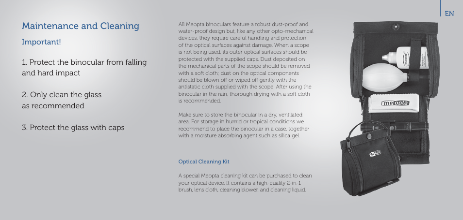 Maintenance and cleaning | Meopta 8x56 MeoStar B1 Plus Binoculars User Manual | Page 9 / 40