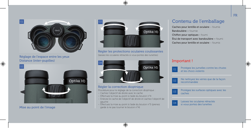 Contenu de l'emballage, Important | Meopta 8x42 Optika HD Binoculars User Manual | Page 19 / 40