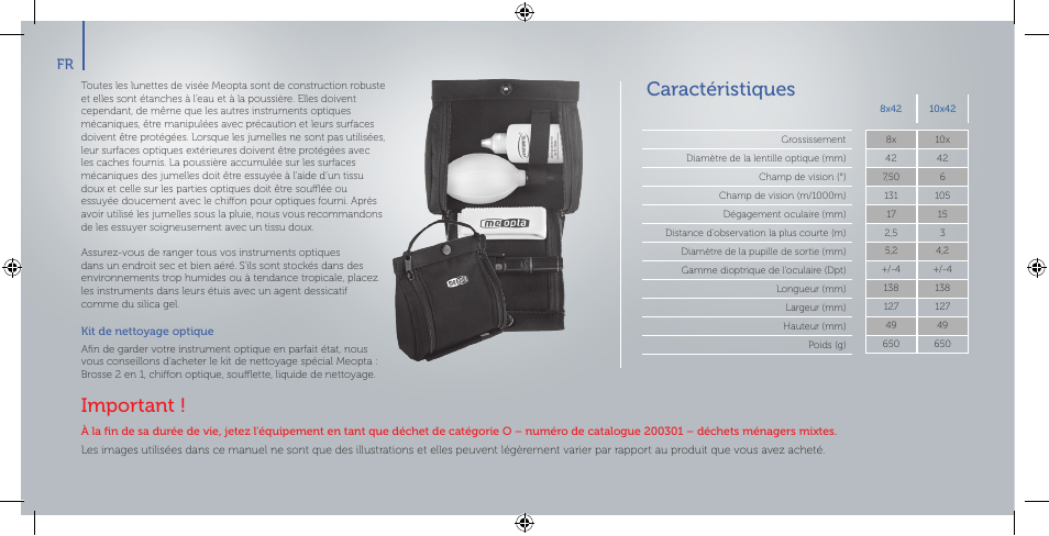 Caractéristiques, Important | Meopta 8x42 Optika HD Binoculars User Manual | Page 20 / 40