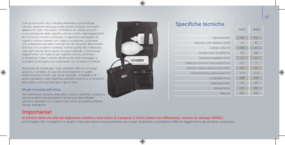 Specifiche tecniche, Importante | Meopta 8x42 Optika HD Binoculars User Manual | Page 25 / 40