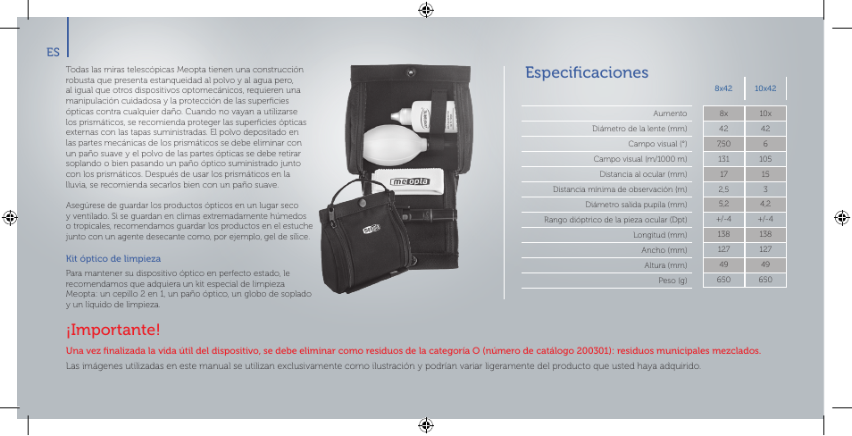 Especificaciones, Importante | Meopta 8x42 Optika HD Binoculars User Manual | Page 30 / 40