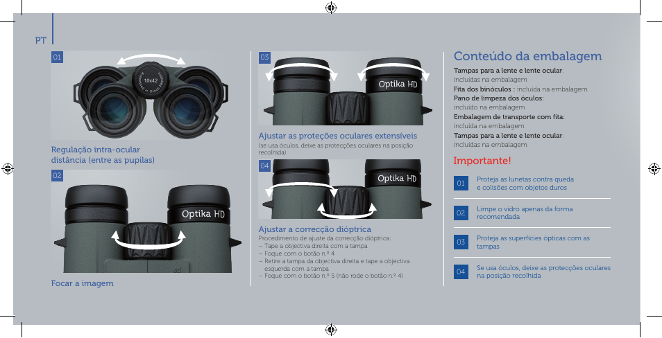 Conteúdo da embalagem, Importante | Meopta 8x42 Optika HD Binoculars User Manual | Page 34 / 40