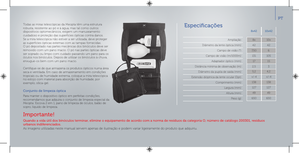 Especificações, Importante | Meopta 8x42 Optika HD Binoculars User Manual | Page 35 / 40