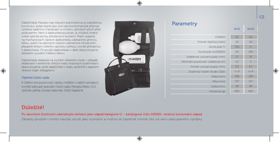 Parametry, Důležité | Meopta 8x42 Optika HD Binoculars User Manual | Page 5 / 40