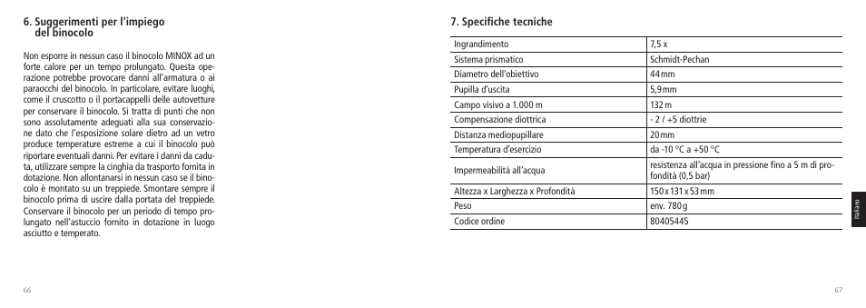 Suggerimenti per l‘impiego del binocolo, Specifiche tecniche | Minox 7.5x44 RAPID Binoculars User Manual | Page 34 / 37