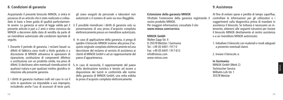 Condizioni di garanzia, Assistenza | Minox 7.5x44 RAPID Binoculars User Manual | Page 35 / 37