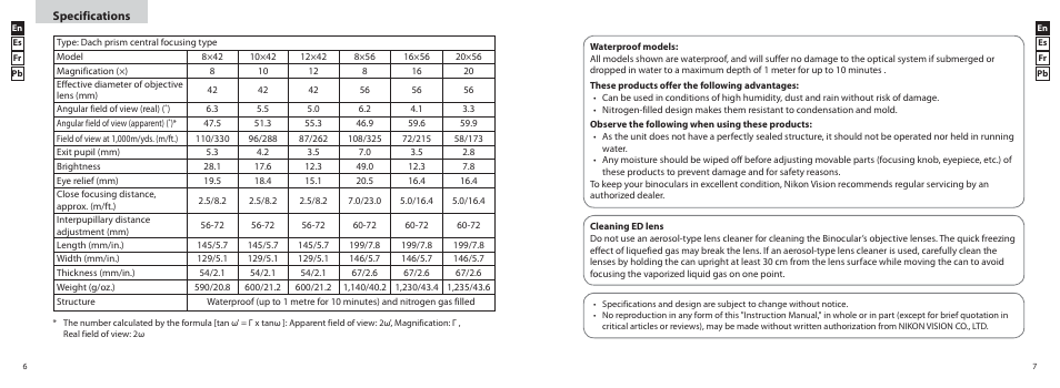 Specifications | Nikon 20x56 Monarch 5 Binoculars (Black) User Manual | Page 4 / 11