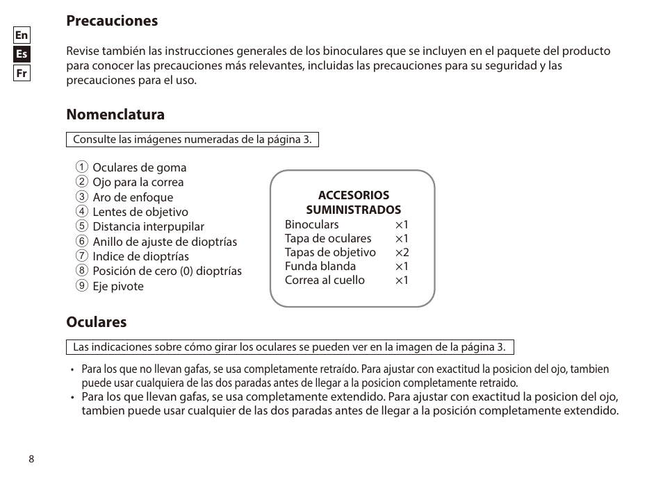Español, Precauciones, Nomenclatura | Oculares | Nikon 12x42 Monarch M5 Binoculars (Black) User Manual | Page 8 / 16