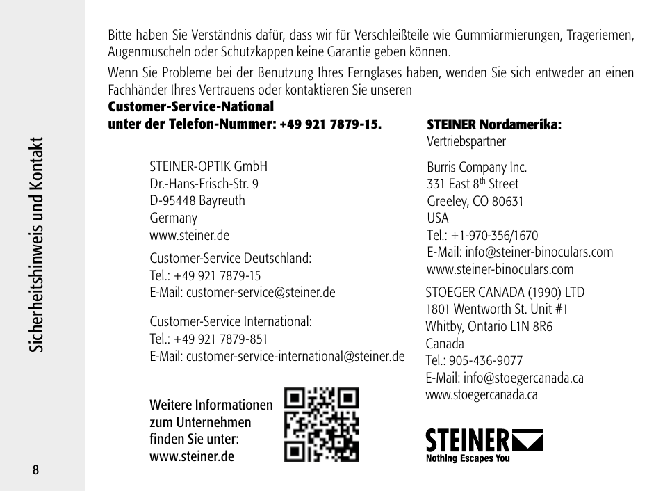 Si ch er he its hin we is un d k on ta kt | Steiner Optik 8x30 Military/Marine Binoculars User Manual | Page 10 / 46