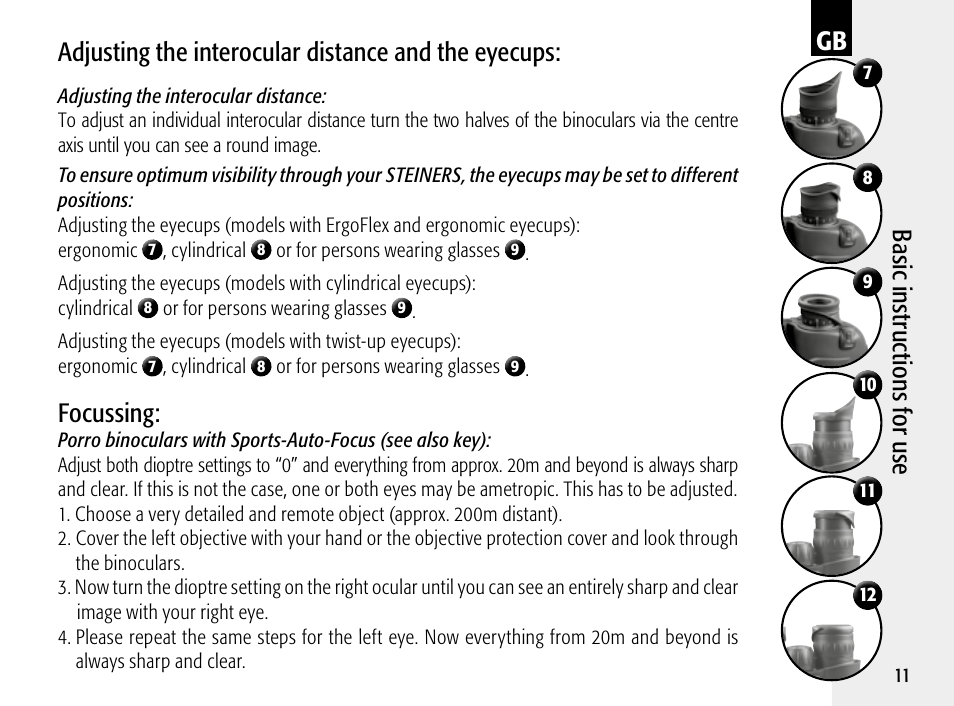 Ba sic i ns tru ctio ns f or u se, Adjusting the interocular distance and the eyecups, Focussing | Steiner Optik 8x30 Military/Marine Binoculars User Manual | Page 13 / 46