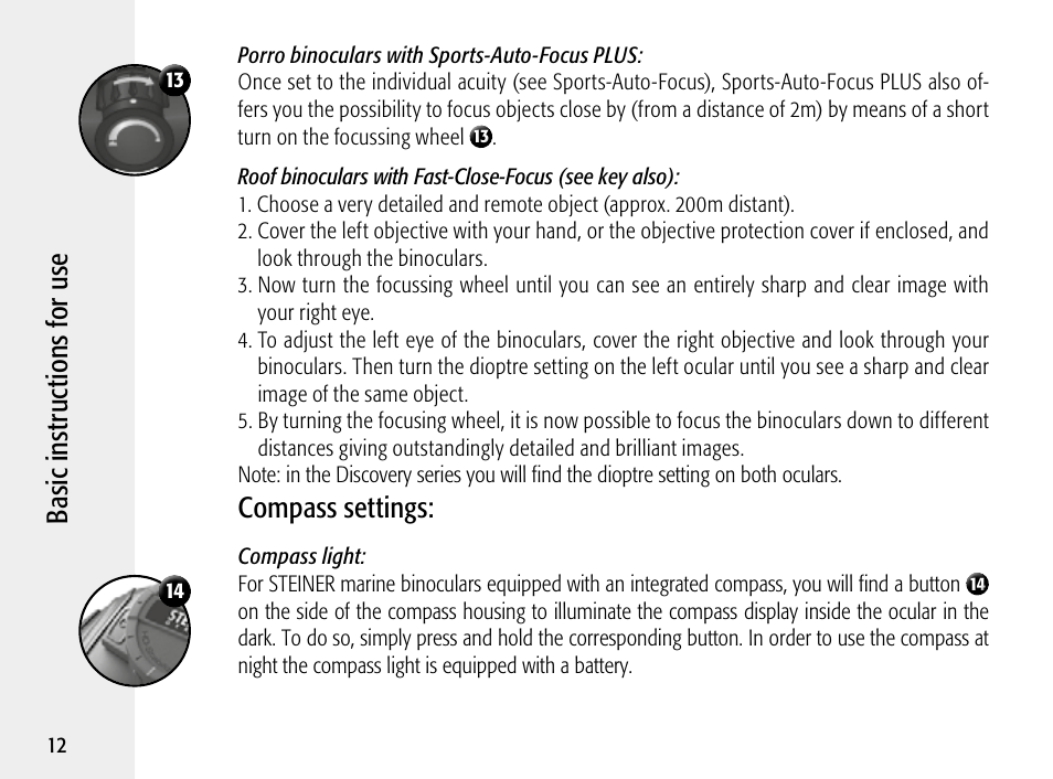 Ba sic i ns tru ct io ns f or u se, Compass settings | Steiner Optik 8x30 Military/Marine Binoculars User Manual | Page 14 / 46