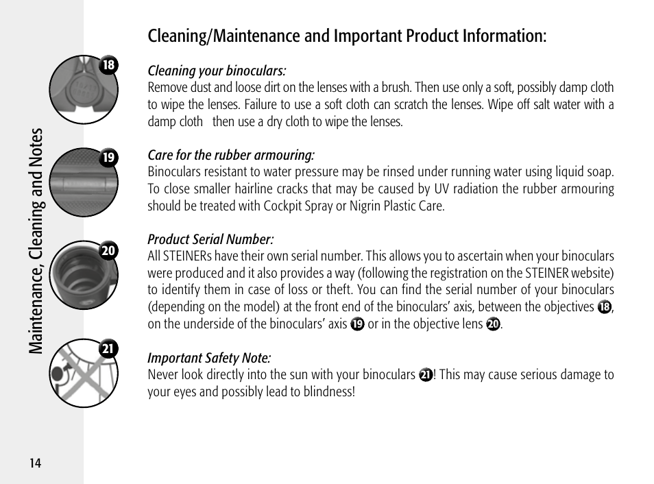 Mai nte nan ce , cl ean in g an d n ote s | Steiner Optik 8x30 Military/Marine Binoculars User Manual | Page 16 / 46