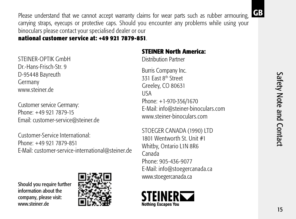 Sa fet y n ote a nd c on tac t | Steiner Optik 8x30 Military/Marine Binoculars User Manual | Page 17 / 46