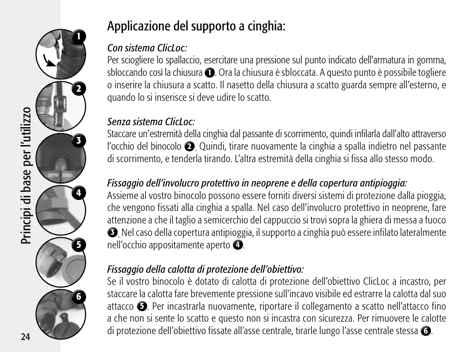 Pr in cip i di ba se p er l’ ut ili zz o, Applicazione del supporto a cinghia | Steiner Optik 8x30 Military/Marine Binoculars User Manual | Page 26 / 46
