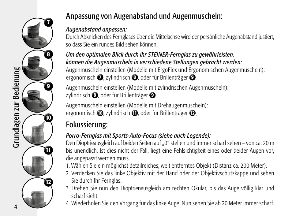 Gr un dl ag en zur b edi en un g, Anpassung von augenabstand und augenmuscheln, Fokussierung | Steiner Optik 8x30 Military/Marine Binoculars User Manual | Page 6 / 46