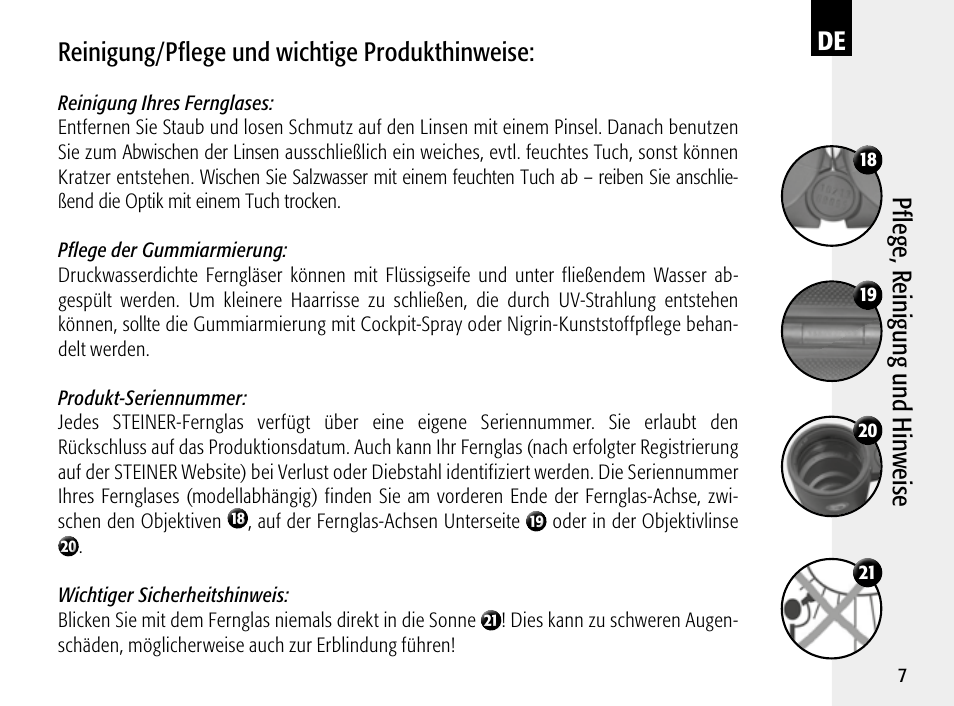 Pfl eg e, r ein igun g un d h in we ise, Reinigung/pflege und wichtige produkthinweise | Steiner Optik 8x30 Military/Marine Binoculars User Manual | Page 9 / 46