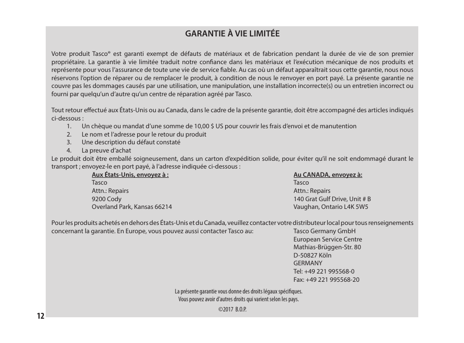 12 garantie à vie limitée | Tasco 8x25 Off Shore Binoculars (Blue) User Manual | Page 12 / 28