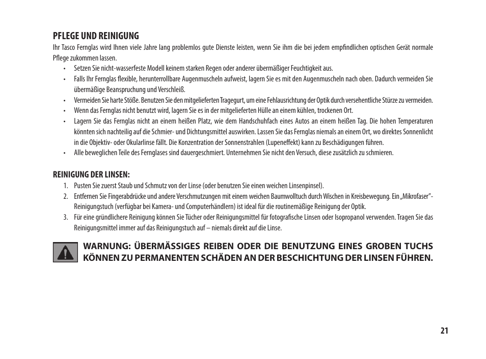 Pflege und reinigung | Tasco 8x25 Off Shore Binoculars (Blue) User Manual | Page 21 / 28
