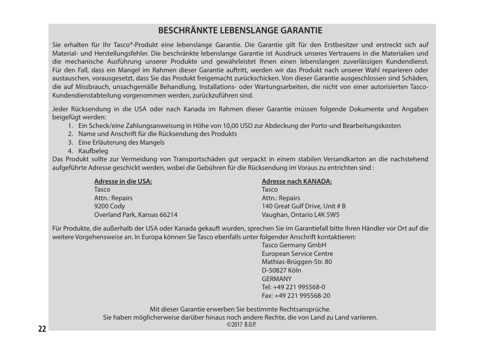 22 beschränkte lebenslange garantie | Tasco 8x25 Off Shore Binoculars (Blue) User Manual | Page 22 / 28