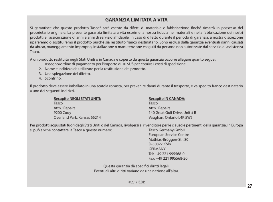 Garanzia limitata a vita | Tasco 8x25 Off Shore Binoculars (Blue) User Manual | Page 27 / 28