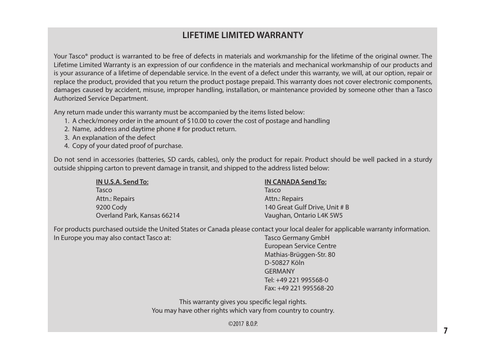 7lifetime limited warranty | Tasco 8x25 Off Shore Binoculars (Blue) User Manual | Page 7 / 28