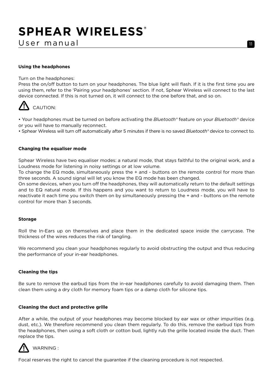 Sphear wireless | Focal Sphear Wireless In-Ear Headphones (Olive) User Manual | Page 11 / 48