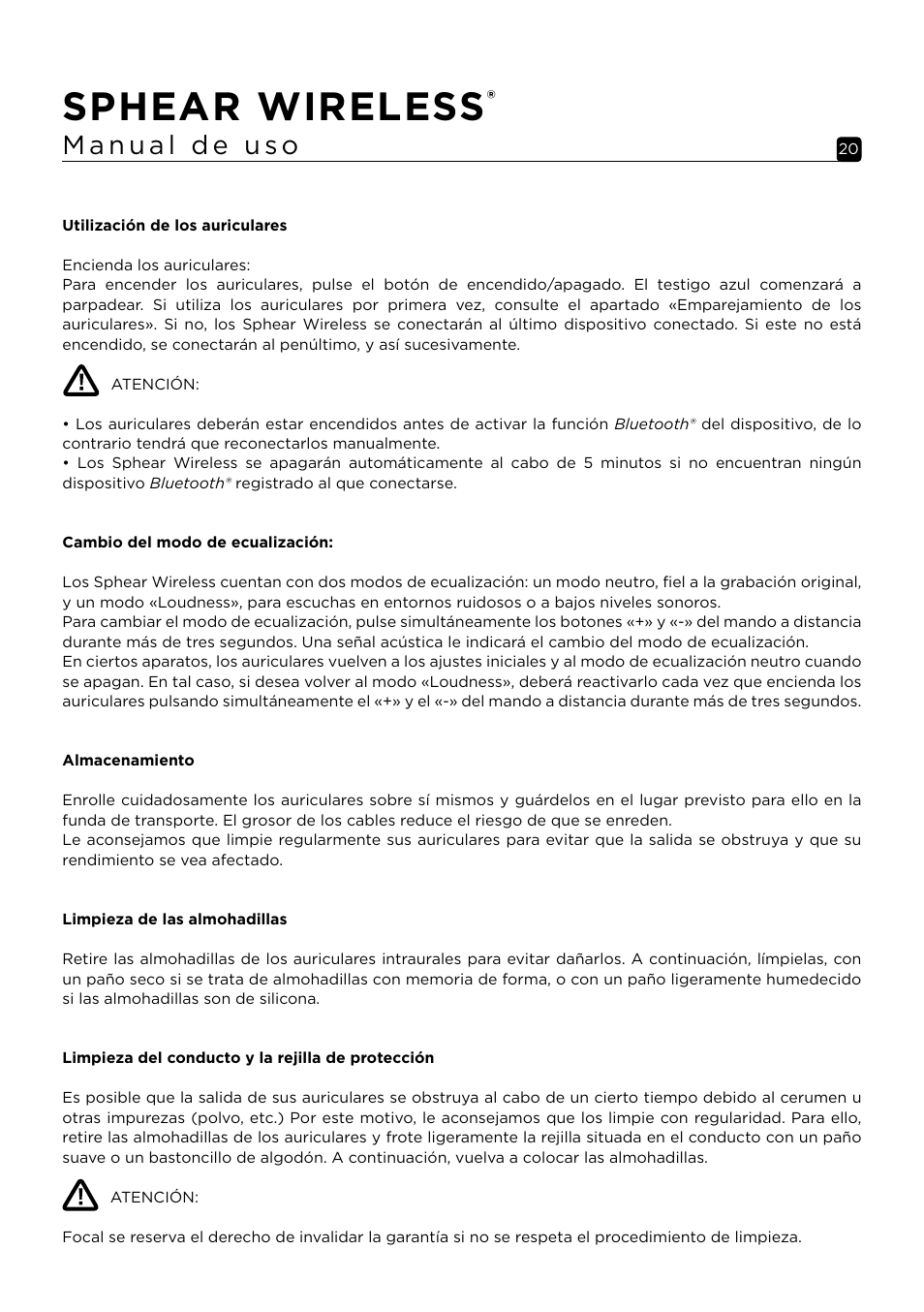 Sphear wireless | Focal Sphear Wireless In-Ear Headphones (Olive) User Manual | Page 20 / 48