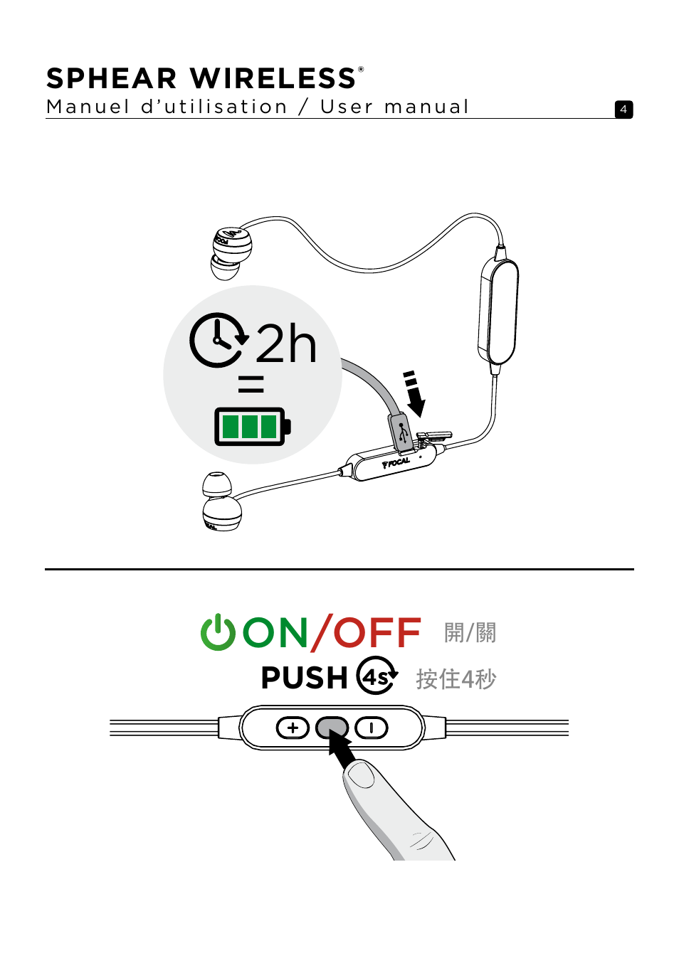 On /off, Sphear wireless, Push | Focal Sphear Wireless In-Ear Headphones (Olive) User Manual | Page 4 / 48