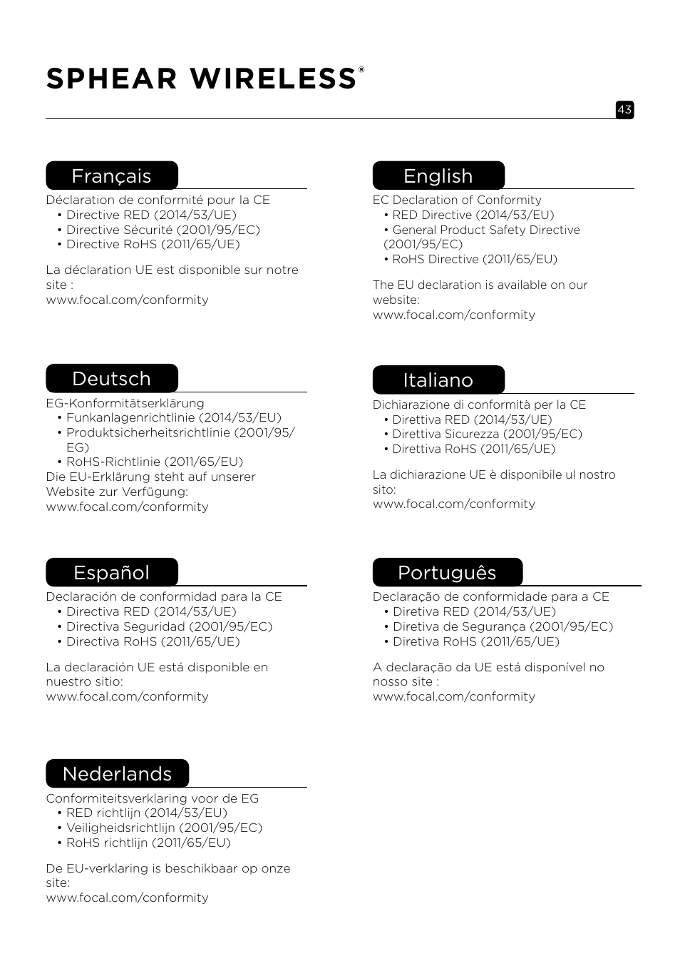Sphear wireless, Français, Deutsch | Español, Nederlands, English, Italiano, Português | Focal Sphear Wireless In-Ear Headphones (Olive) User Manual | Page 43 / 48
