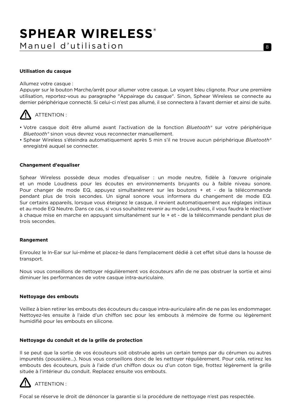 Sphear wireless | Focal Sphear Wireless In-Ear Headphones (Olive) User Manual | Page 8 / 48