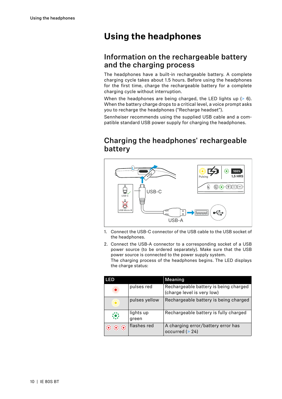 Using the headphones, Charging the headphones' rechargeable battery | Sennheiser IE 80S BT Wireless Neckband In-Ear Headphones User Manual | Page 10 / 29