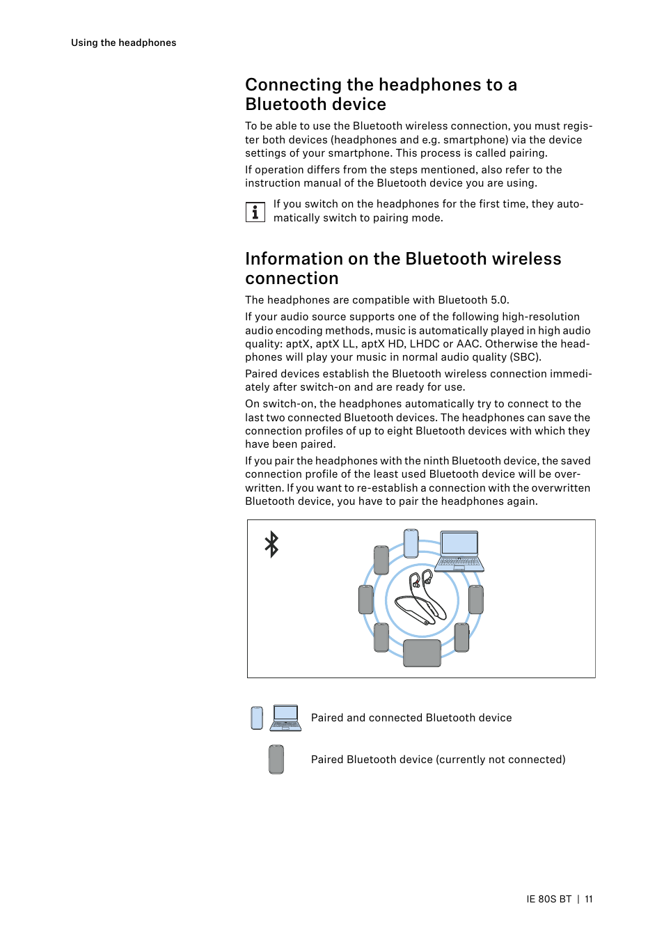 Connecting the headphones to a bluetooth device, Information on the bluetooth wireless connection | Sennheiser IE 80S BT Wireless Neckband In-Ear Headphones User Manual | Page 11 / 29
