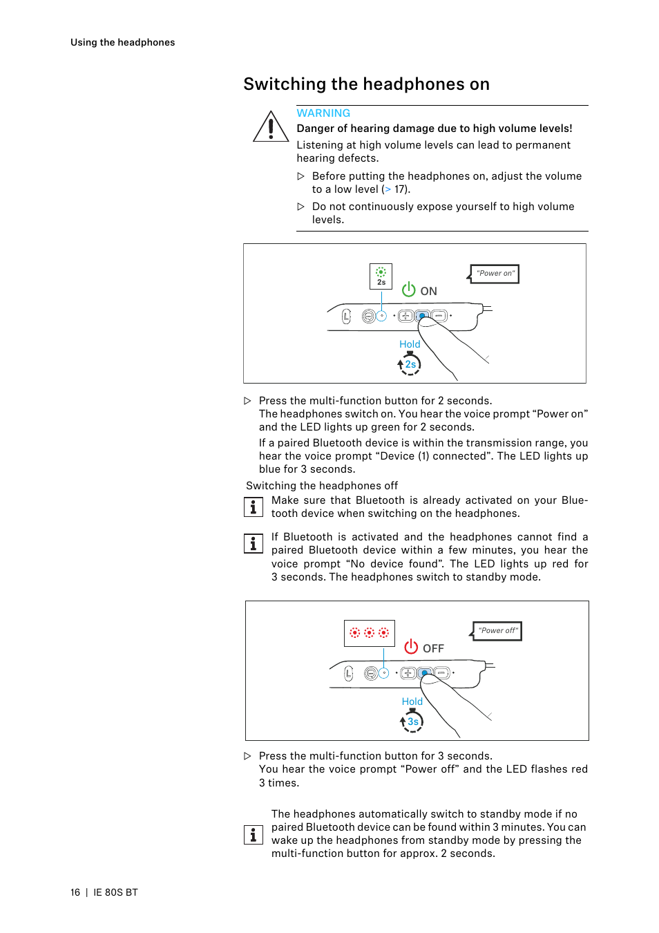 Switching the headphones on | Sennheiser IE 80S BT Wireless Neckband In-Ear Headphones User Manual | Page 16 / 29