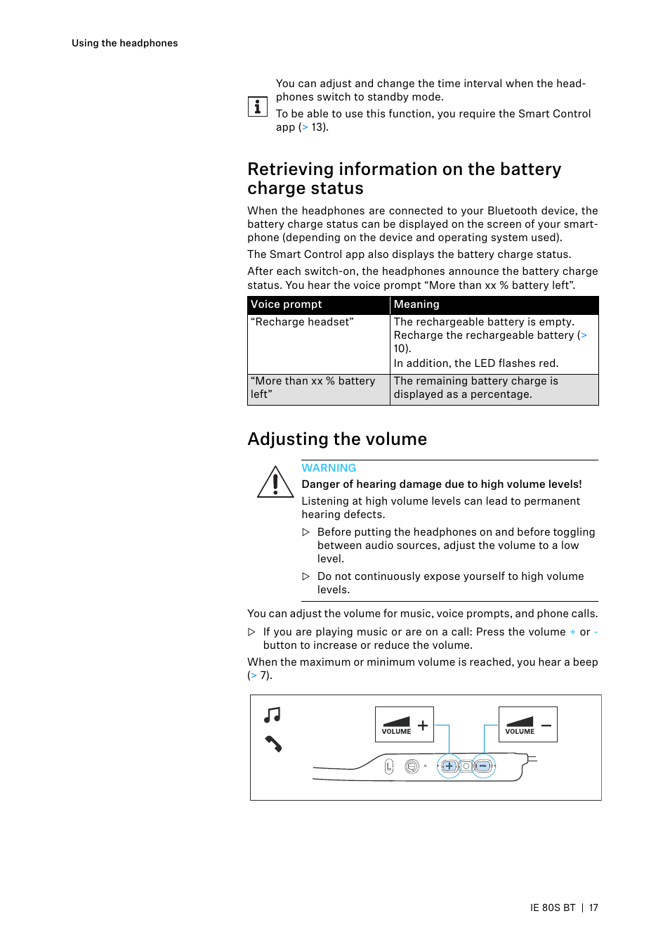 Adjusting the volume | Sennheiser IE 80S BT Wireless Neckband In-Ear Headphones User Manual | Page 17 / 29