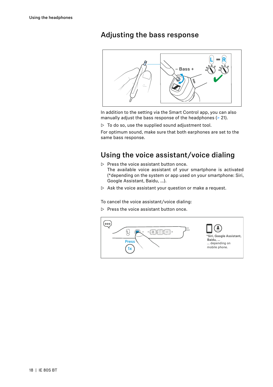 Adjusting the bass response, Using the voice assistant/voice dialing | Sennheiser IE 80S BT Wireless Neckband In-Ear Headphones User Manual | Page 18 / 29