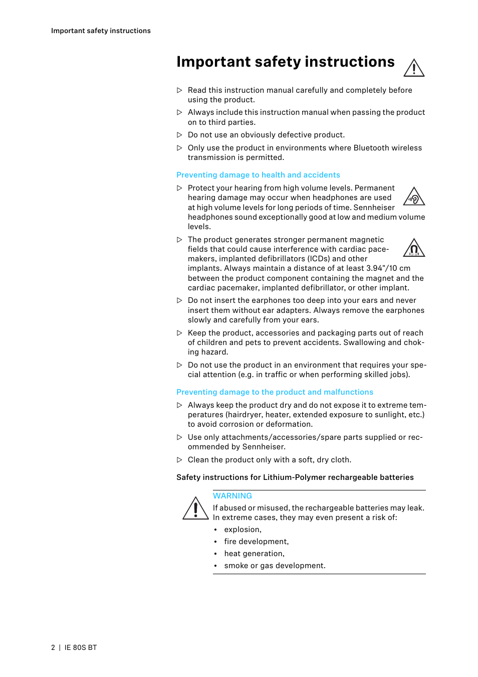 Important safety instructions, Preventing damage to health and accidents, Preventing damage to the product and malfunctions | Start | Sennheiser IE 80S BT Wireless Neckband In-Ear Headphones User Manual | Page 2 / 29