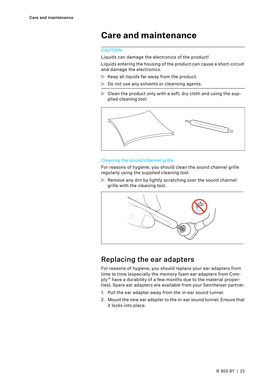 Care and maintenance, Cleaning the sound channel grille, Replacing the ear adapters | Sennheiser IE 80S BT Wireless Neckband In-Ear Headphones User Manual | Page 23 / 29