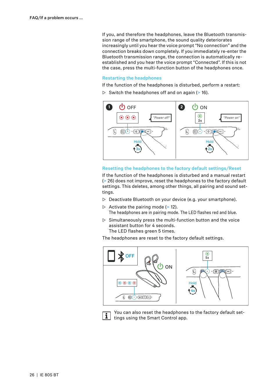Restarting the headphones | Sennheiser IE 80S BT Wireless Neckband In-Ear Headphones User Manual | Page 26 / 29