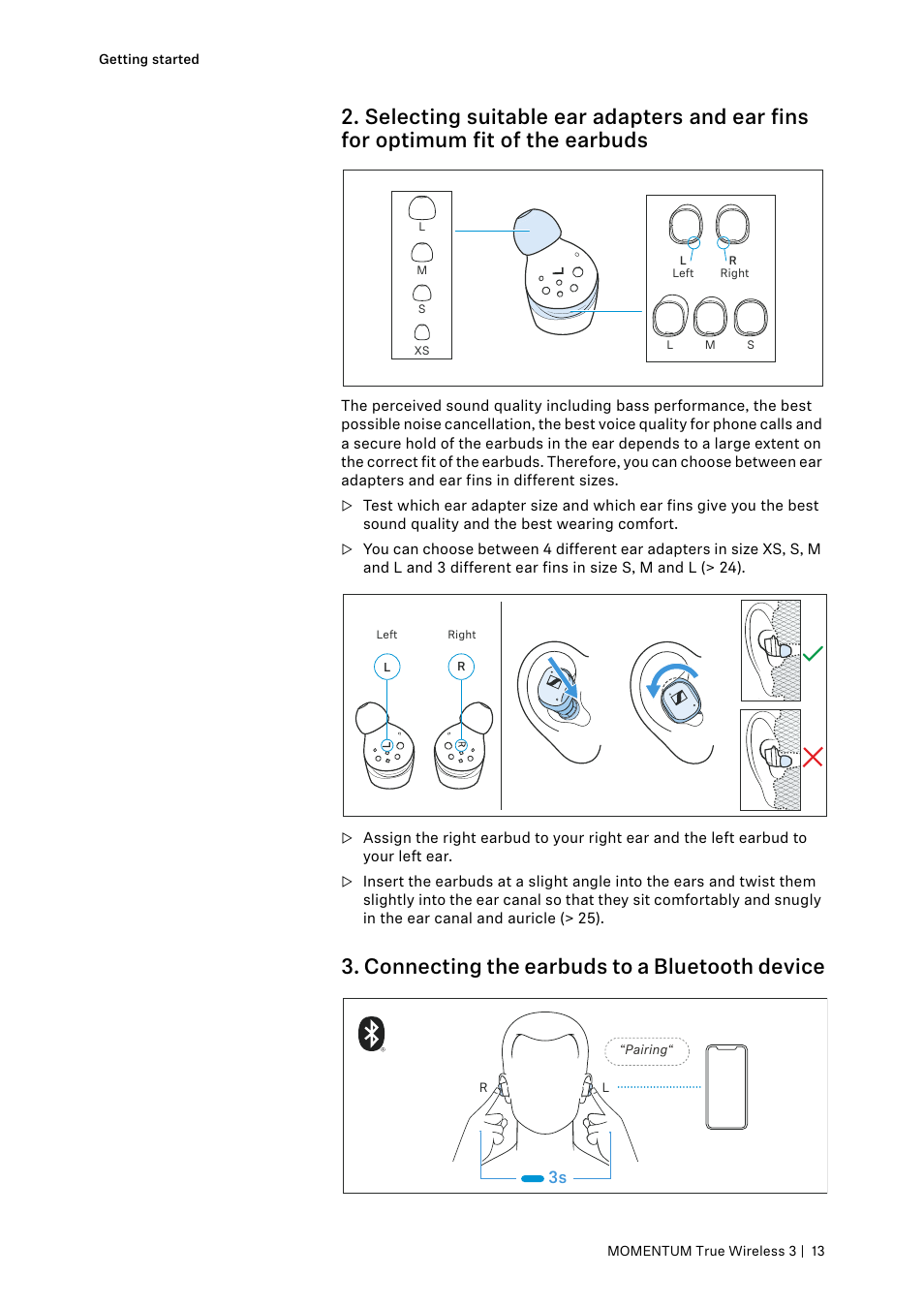 Connecting the earbuds to a bluetooth device | Sennheiser MOMENTUM True Wireless 3 Noise-Canceling In-Ear Headphones (Graphite) User Manual | Page 13 / 46