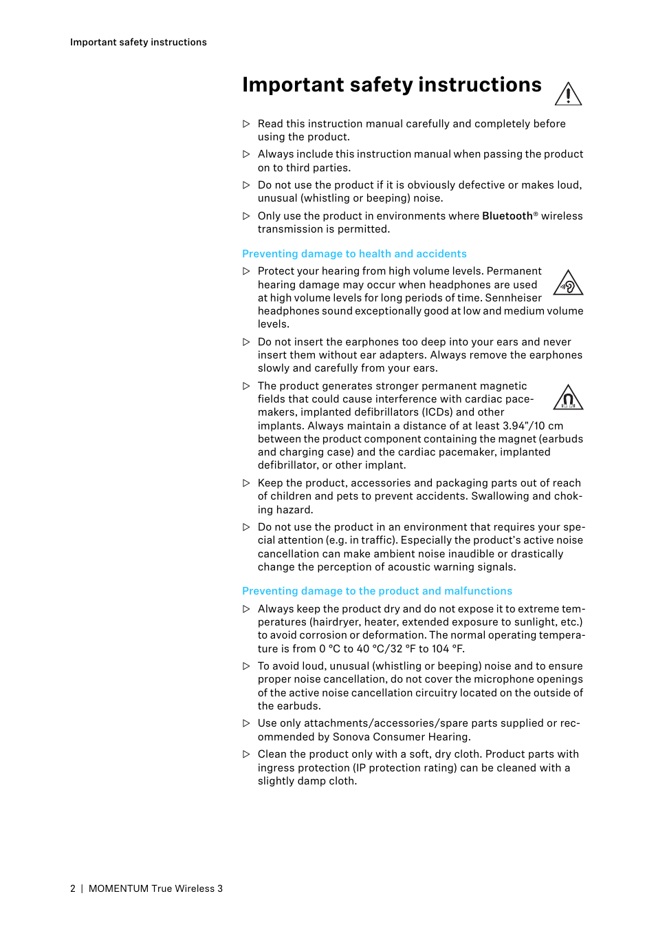 Important safety instructions, Preventing damage to health and accidents, Preventing damage to the product and malfunctions | Start | Sennheiser MOMENTUM True Wireless 3 Noise-Canceling In-Ear Headphones (Graphite) User Manual | Page 2 / 46