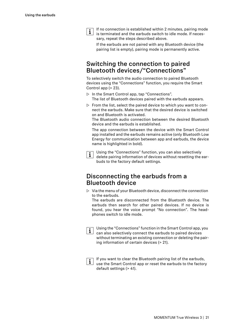 Disconnecting the earbuds from a bluetooth device | Sennheiser MOMENTUM True Wireless 3 Noise-Canceling In-Ear Headphones (Graphite) User Manual | Page 21 / 46