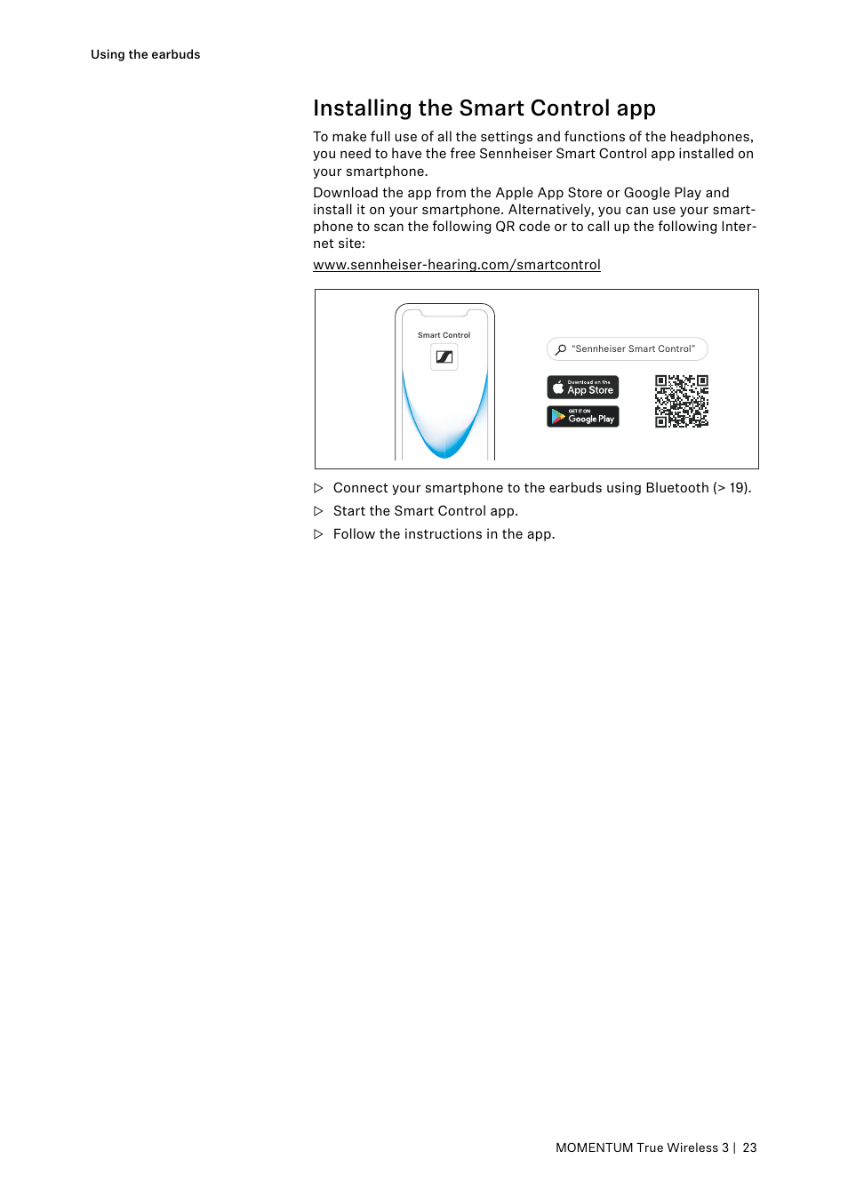 Installing the smart control app | Sennheiser MOMENTUM True Wireless 3 Noise-Canceling In-Ear Headphones (Graphite) User Manual | Page 23 / 46