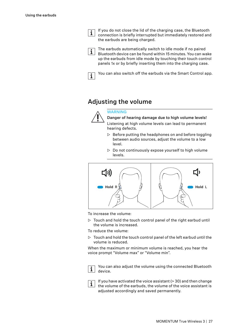 Adjusting the volume | Sennheiser MOMENTUM True Wireless 3 Noise-Canceling In-Ear Headphones (Graphite) User Manual | Page 27 / 46