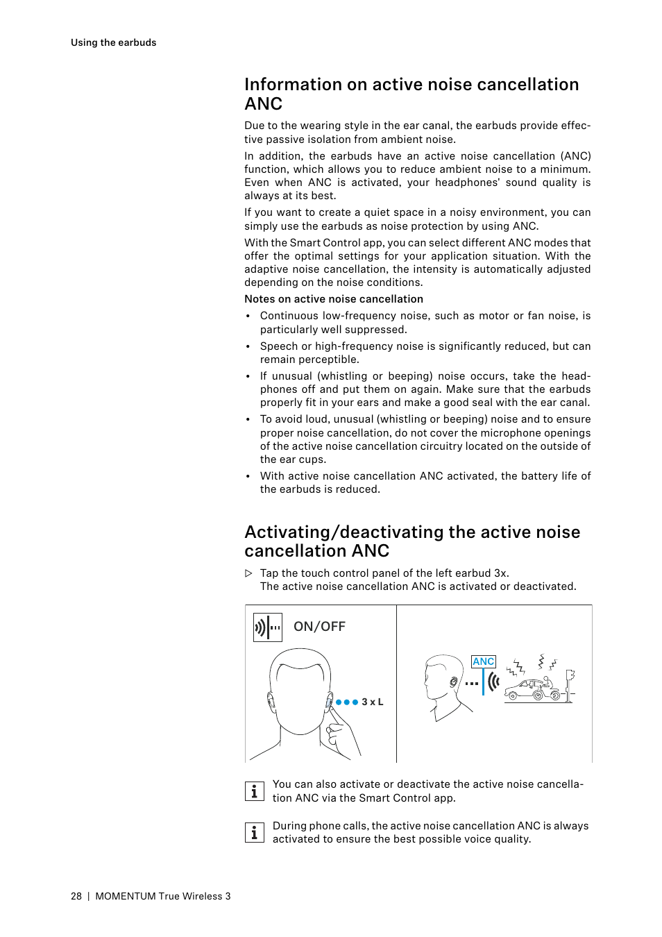 Information on active noise cancellation anc, On/off | Sennheiser MOMENTUM True Wireless 3 Noise-Canceling In-Ear Headphones (Graphite) User Manual | Page 28 / 46